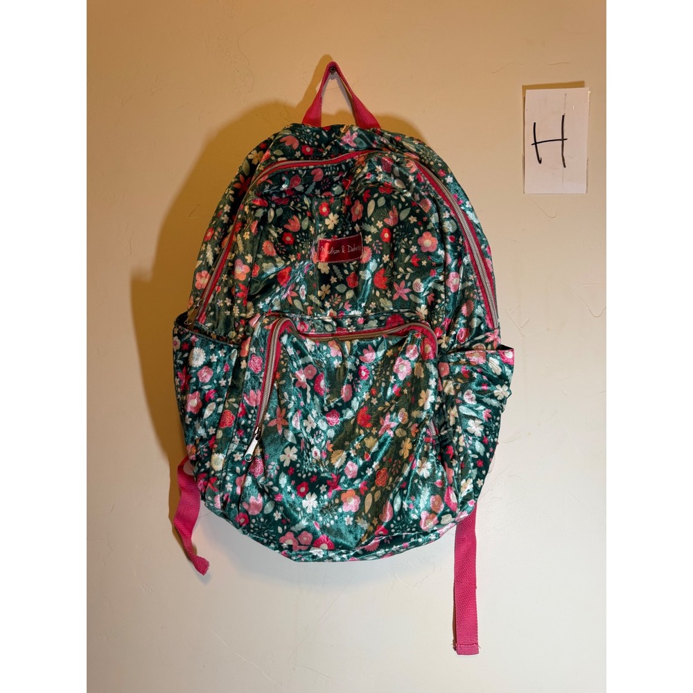 Madison & Dakota Backpack Floral Velvet School Bag Green Pink OS
